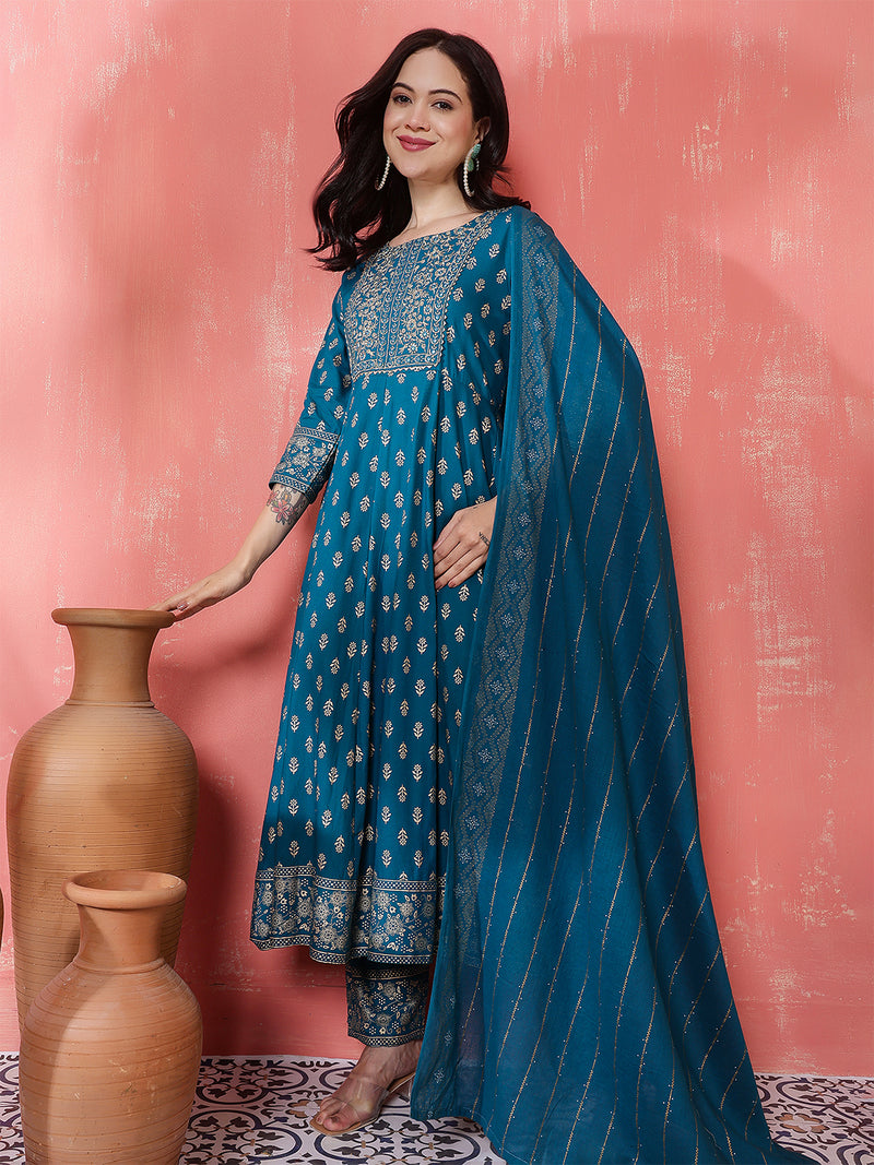 Miramaar Women's Teal Round Neck Embroidered Anarkali Kurti