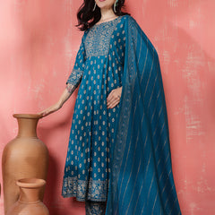 Miramaar Women's Teal Round Neck Embroidered Anarkali Kurti