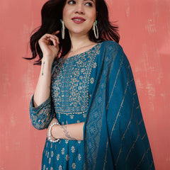 Miramaar Women's Teal Round Neck Embroidered Anarkali Kurti