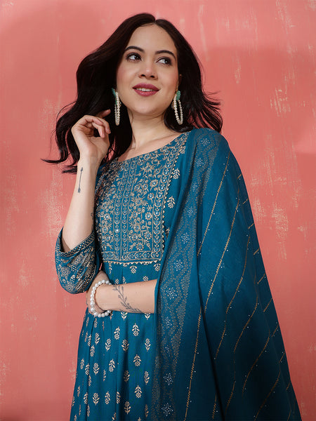 Miramaar Women's Teal Round Neck Embroidered Anarkali Kurti
