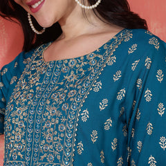 Miramaar Women's Teal Round Neck Embroidered Anarkali Kurti
