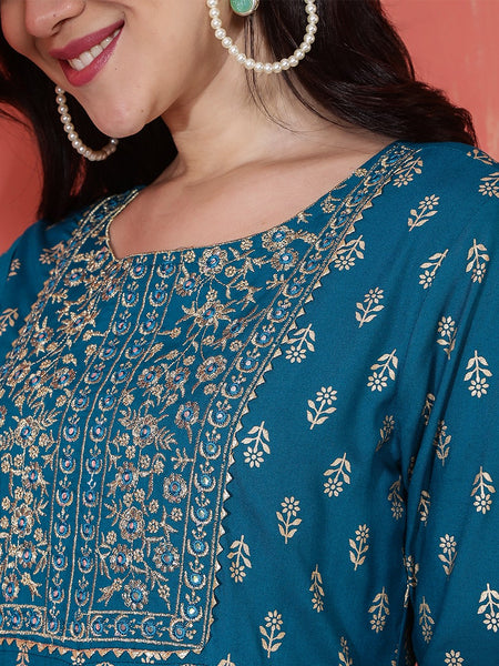 Miramaar Women's Teal Round Neck Embroidered Anarkali Kurti