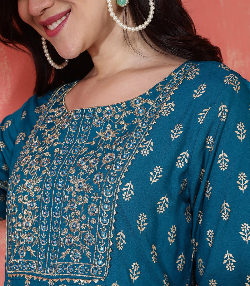 Miramaar Women's Teal Round Neck Embroidered Anarkali Kurti