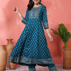 Miramaar Women's Teal Round Neck Embroidered Anarkali Kurti