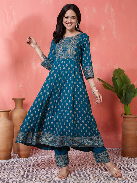 Miramaar Women's Teal Round Neck Embroidered Anarkali Kurti