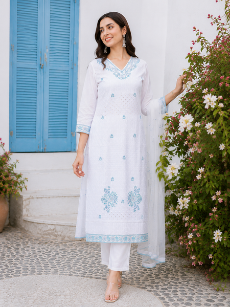 Miramaar Women's White Regal Ensemble Kurta & Dupatta Set
