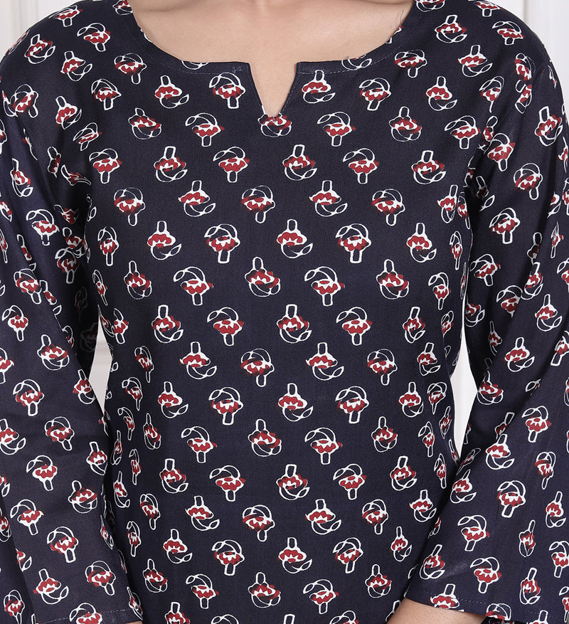 Miramaar Women's Navy Blue Printed Rayon Coord Set