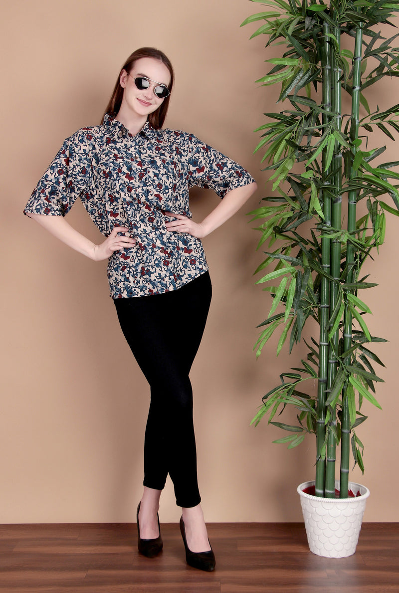 Miramaar Women's Cotton Spread Collar Blue Printed Top