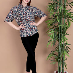 Miramaar Women's Cotton Spread Collar Blue Printed Top