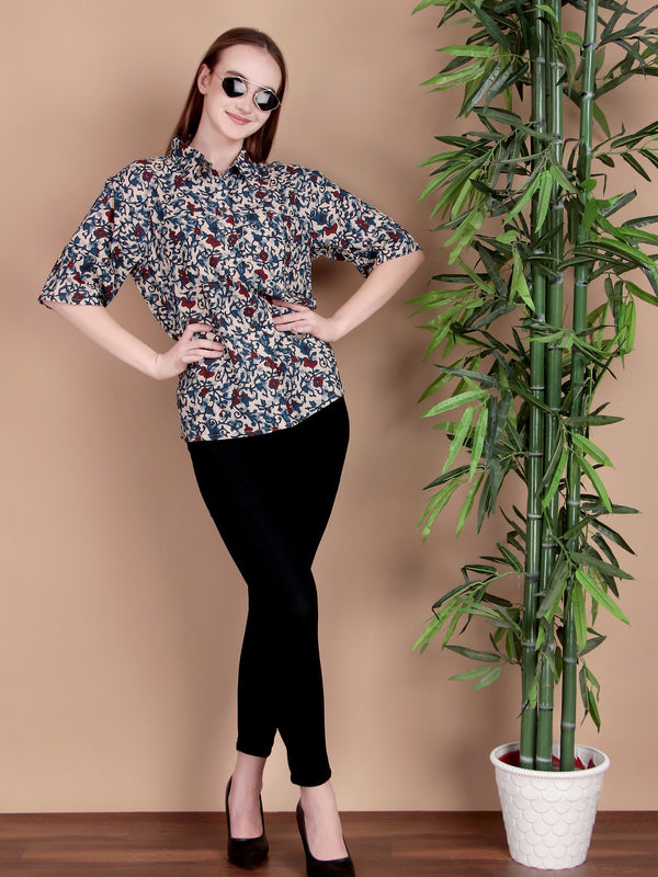 Miramaar Women's Cotton Spread Collar Blue Printed Top