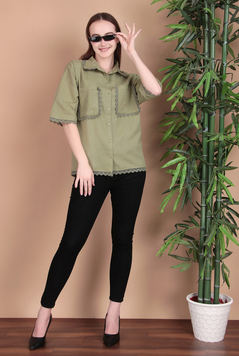 Miramaar Women's Cotton Flex Spread Collar Olive Green Solid Lace Work Top