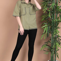 Miramaar Women's Cotton Flex Spread Collar Olive Green Solid Lace Work Top
