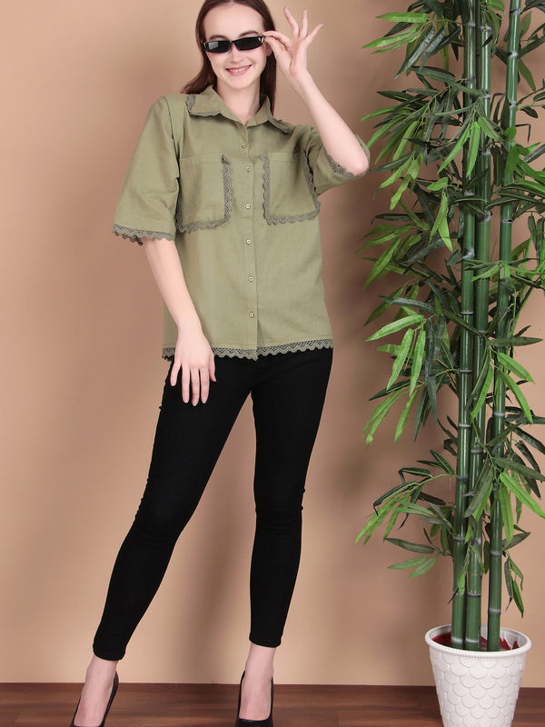 Miramaar Women's Cotton Flex Spread Collar Olive Green Solid Lace Work Top