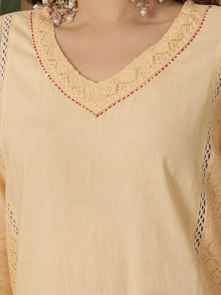 Miramaar Women's Peach Cotton Schiffli V-Neck Straight Kurta Set with Dupatta