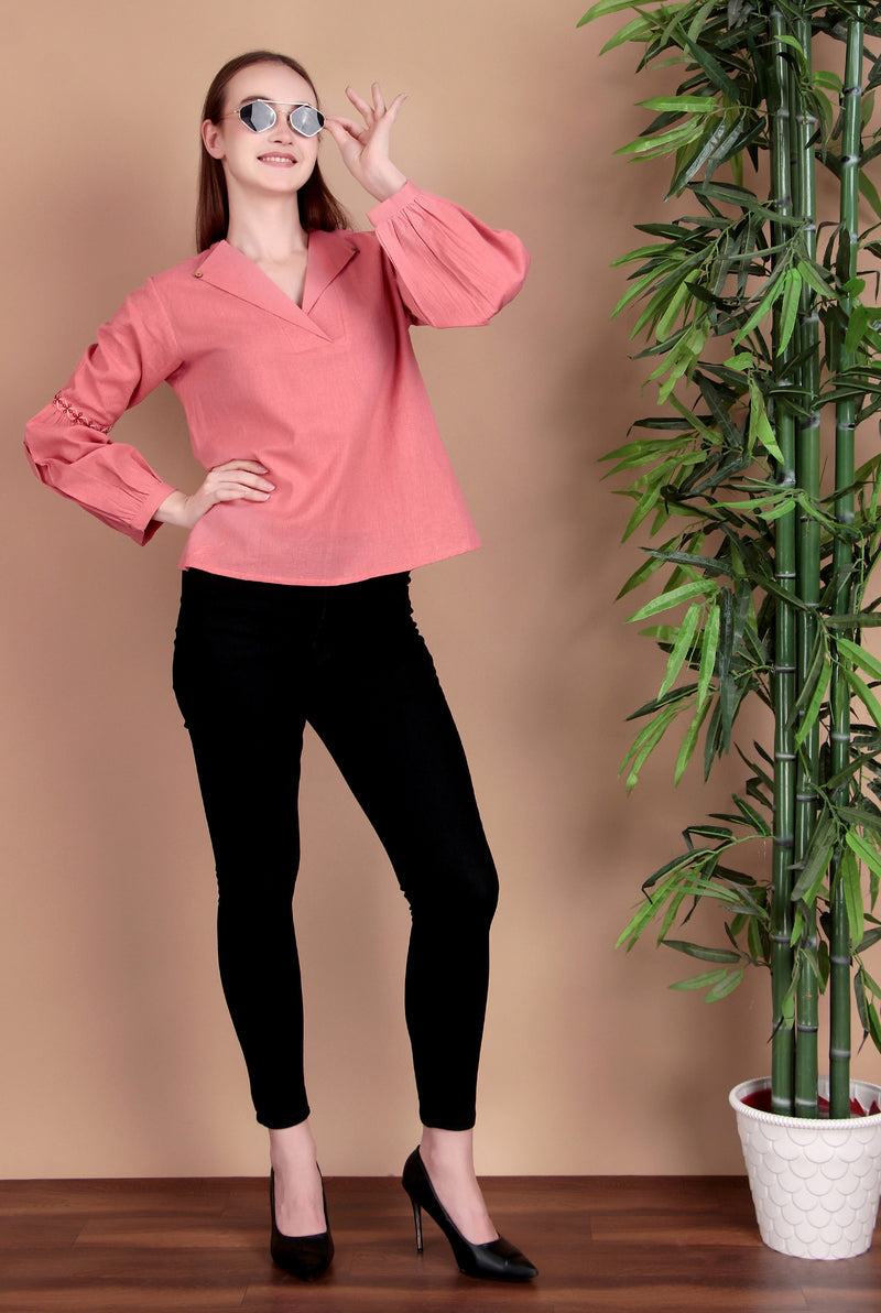 Miramaar Women's Cotton Flex Collared Pink Solid Embroidered Top