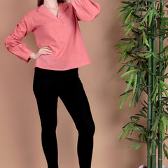 Miramaar Women's Cotton Flex Collared Pink Solid Embroidered Top