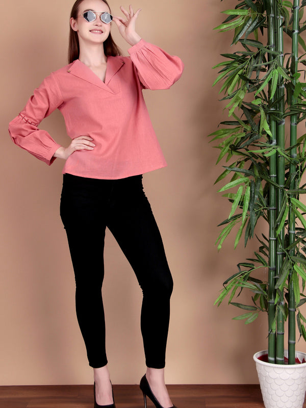 Miramaar Women's Cotton Flex Collared Pink Solid Embroidered Top