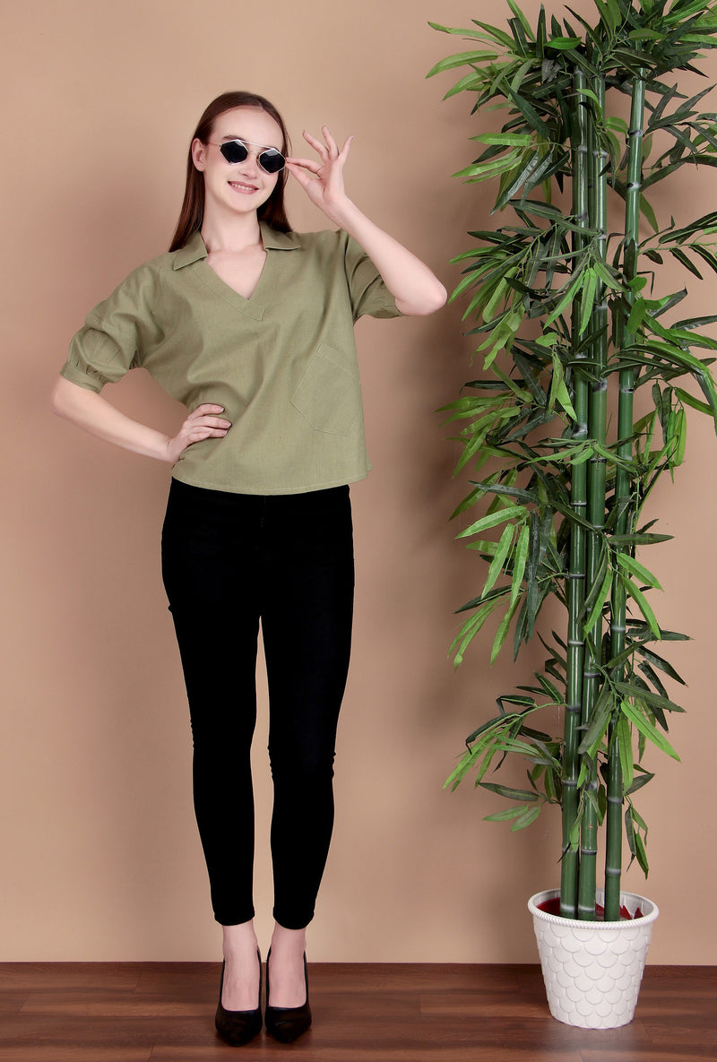 Miramaar Women's Cotton Flex Solid Green Regular Top