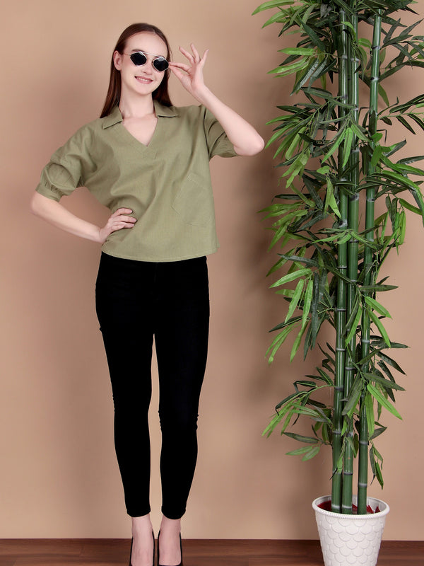 Miramaar Women's Cotton Flex Solid Green Regular Top