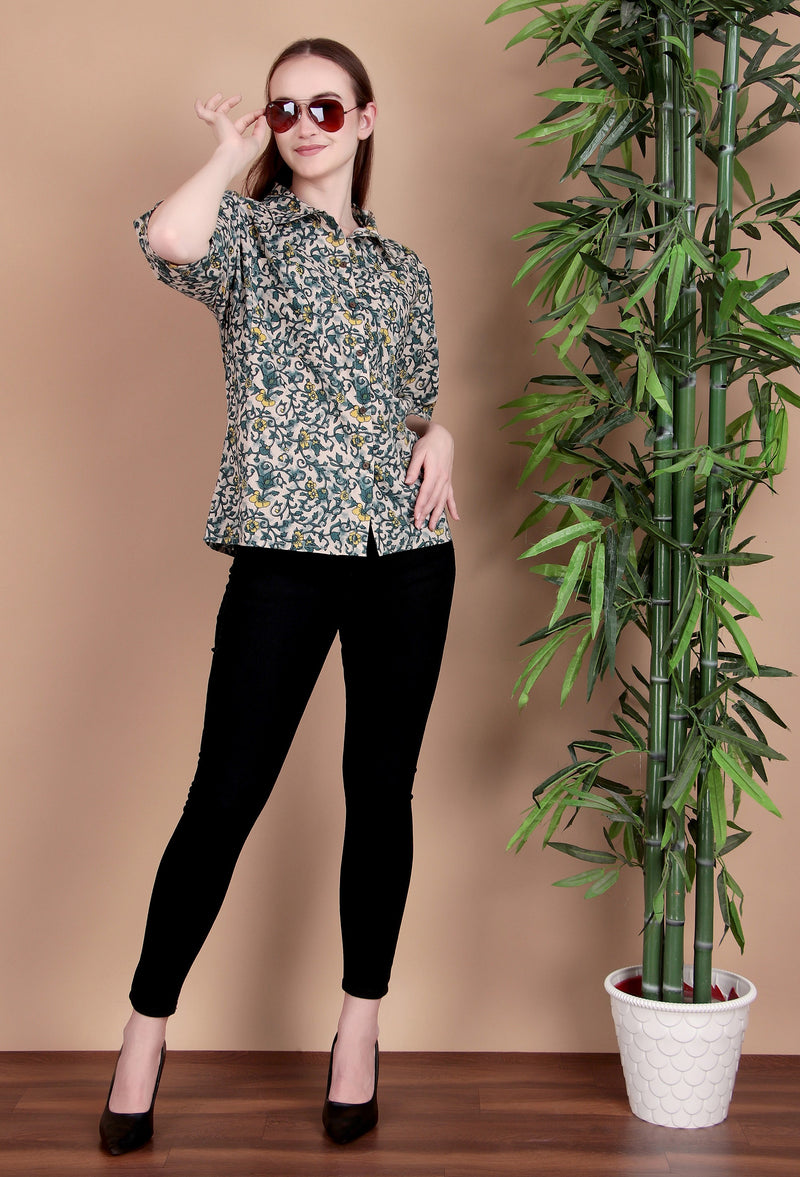 Miramaar Women's Cotton Spread Collar Green Printed Top