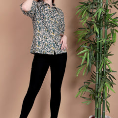 Miramaar Women's Cotton Spread Collar Green Printed Top