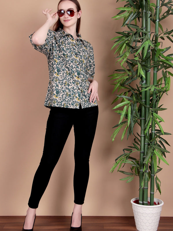 Miramaar Women's Cotton Spread Collar Green Printed Top