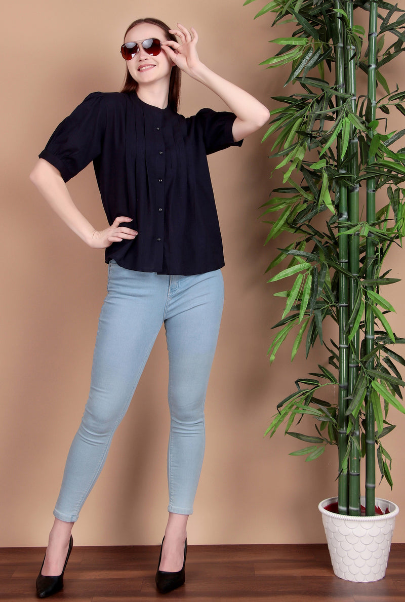 Miramaar Women's Cotton Flex Solid Blue Pintex Top