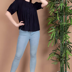 Miramaar Women's Cotton Flex Solid Blue Pintex Top