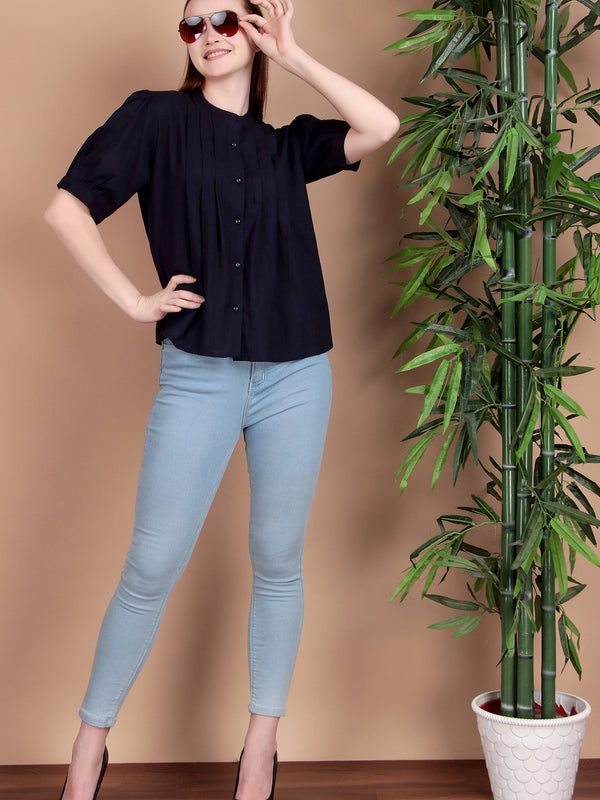 Miramaar Women's Cotton Flex Solid Blue Pintex Top
