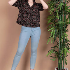 Miramaar Women's Cotton Printed Black Regular Top