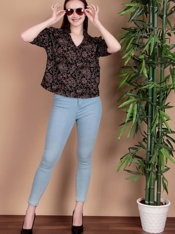 Miramaar Women's Cotton Printed Black Regular Top