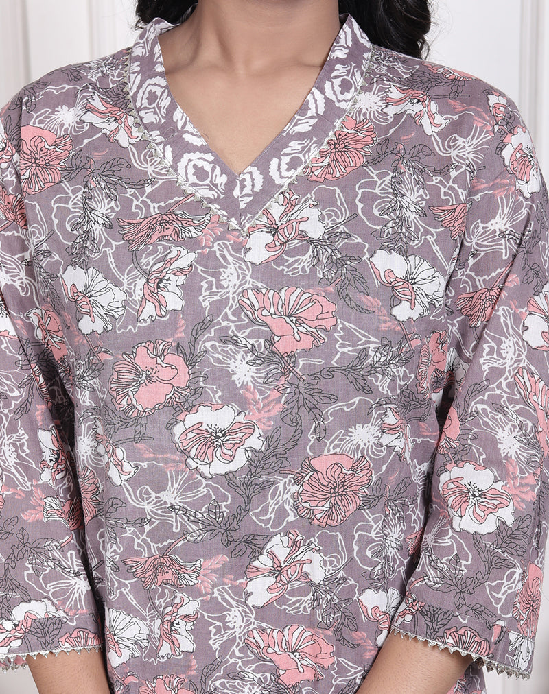 Miramaar Women's Brown Printed Cotton V-Neck Straight Kurta Pant with Dupatta