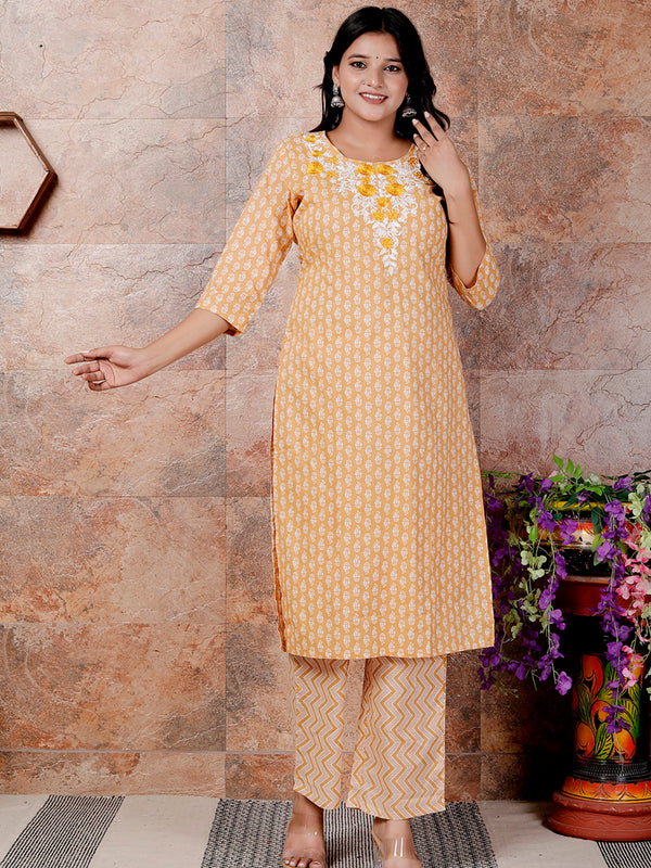 Miramaar Women's Mustard Cotton Straight Neck Embroidered Kurta Set with Dupatta