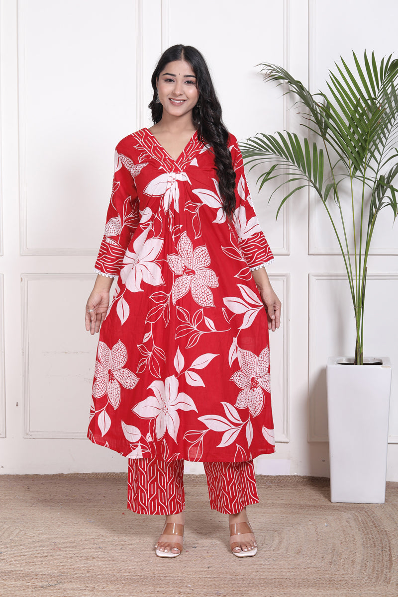 Miramaar Women's Red Printed A-line Cotton Adda Work Kurta Set with Dupatta