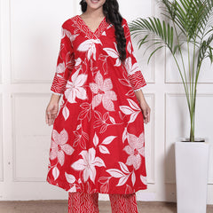 Miramaar Women's Red Printed A-line Cotton Adda Work Kurta Set with Dupatta