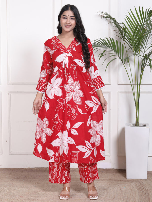 Miramaar Women's Red Printed A-line Cotton Adda Work Kurta Set with Dupatta