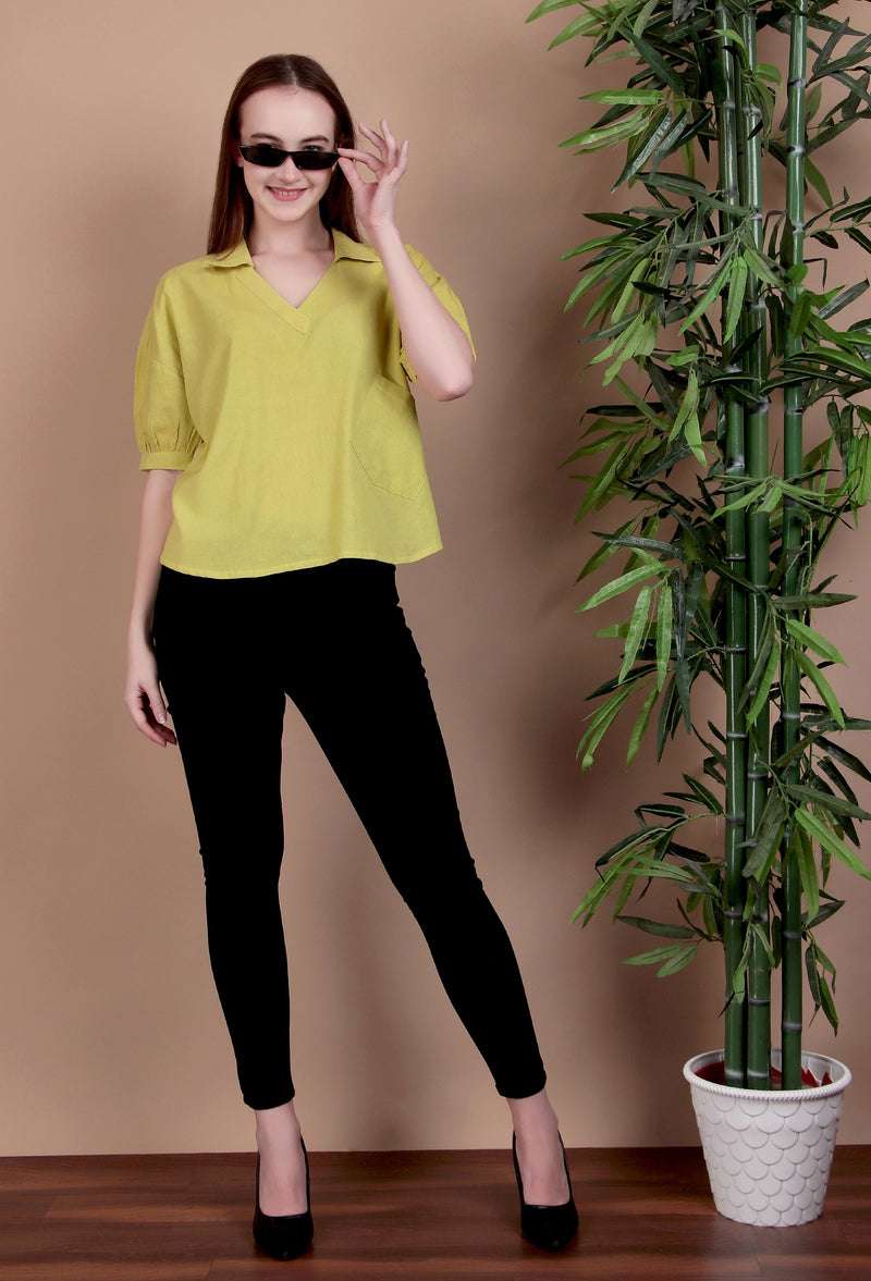 Miramaar Women's Cotton Flex Solid Lime Green Regular Top