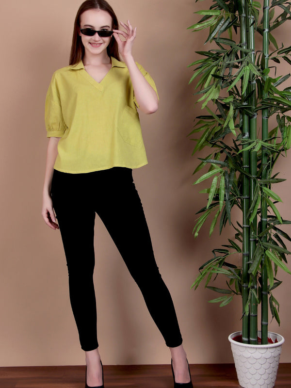 Miramaar Women's Cotton Flex Solid Lime Green Regular Top