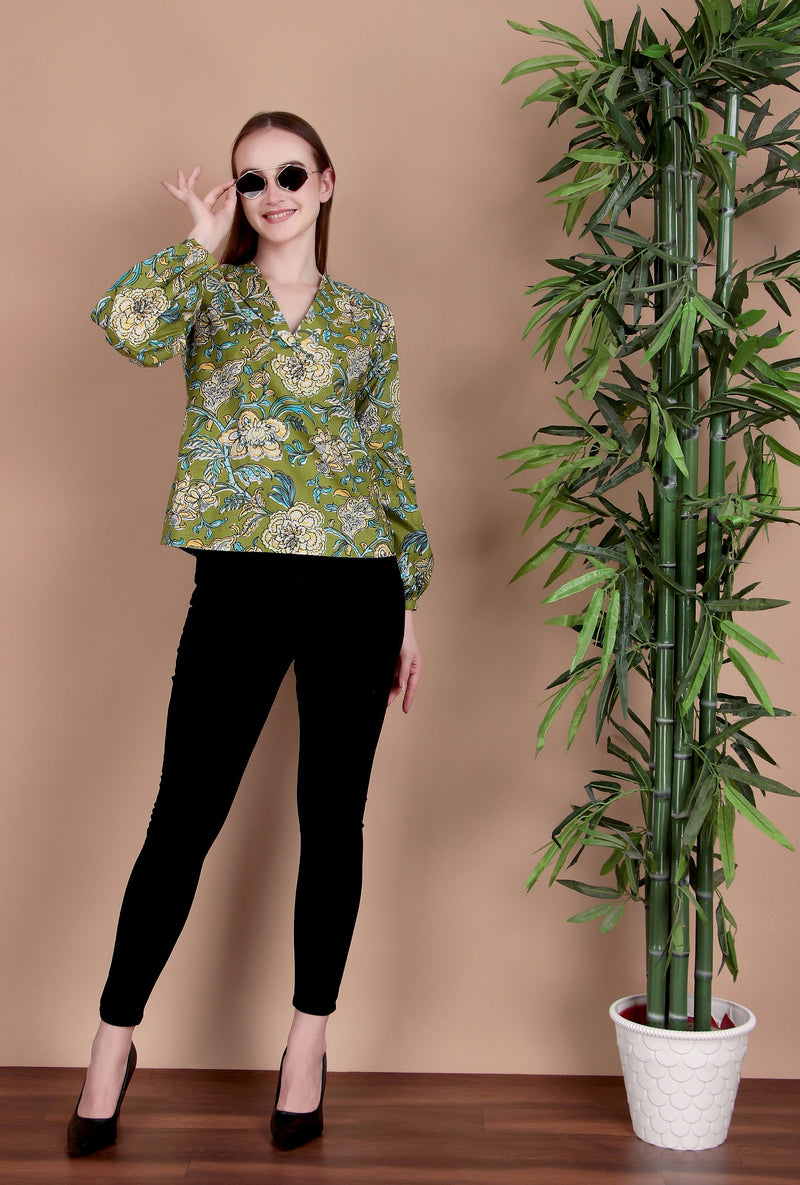 Miramaar Women's Cotton V-Neck Green Printed Top