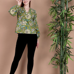 Miramaar Women's Cotton V-Neck Green Printed Top