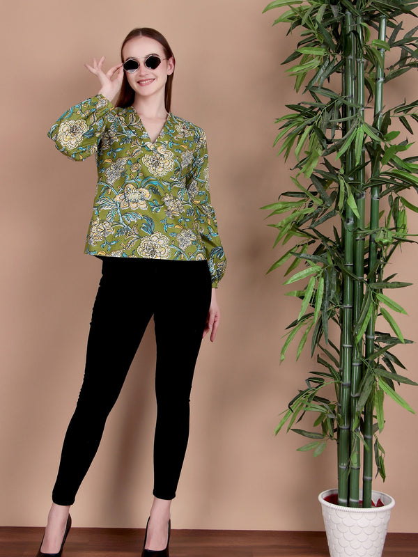 Miramaar Women's Cotton V-Neck Green Printed Top