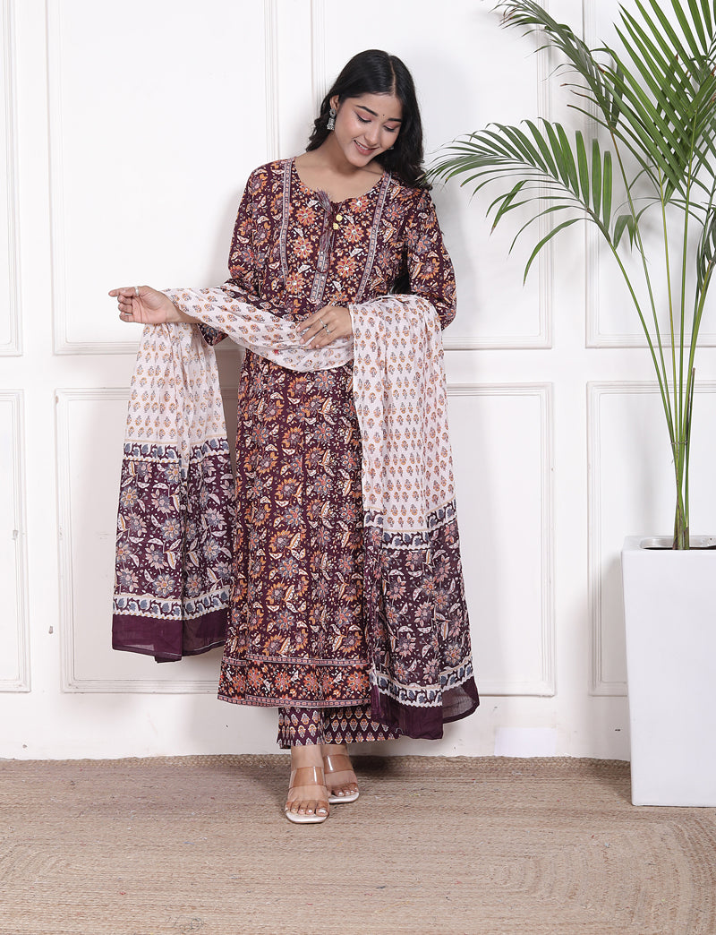 Miramaar Women's Purple Cotton Anarkali Adda Work Kurta Set