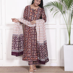 Miramaar Women's Purple Cotton Anarkali Adda Work Kurta Set