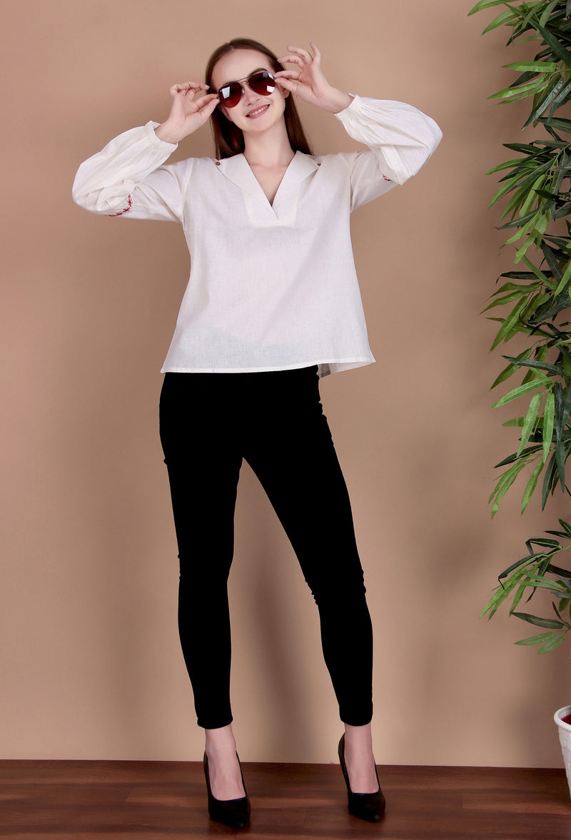 Miramaar Women's Cotton Flex Collared White Solid Embroidered Top