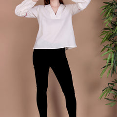 Miramaar Women's Cotton Flex Collared White Solid Embroidered Top