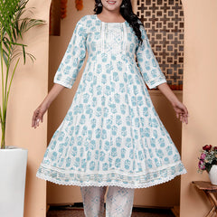 Miramaar Women's Off White & Blue Rayon Round Neck A-line Kurta Set with Dupatta