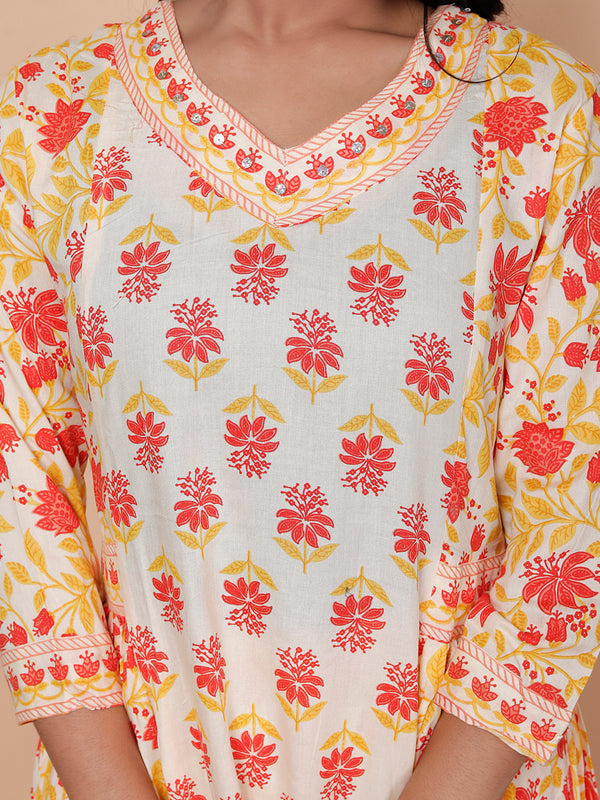 Miramaar Women's Yellow Printed Rayon Anarkali Adda Work Kurta Set