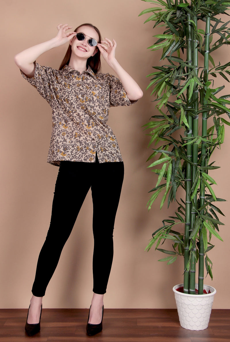 Miramaar Women's Cotton Spread Collar Brown Printed Top