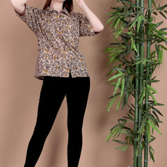 Miramaar Women's Cotton Spread Collar Brown Printed Top