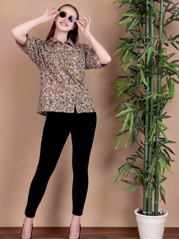 Miramaar Women's Cotton Spread Collar Brown Printed Top